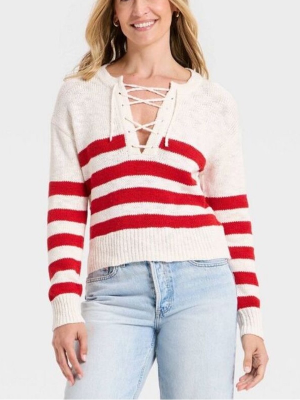 Red striped Lace Up Crewneck Pullover Sweater - Universal Thread - NWT